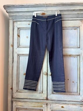 Louis Vuitton Navy Linen Blend Pants with Scalloped Embroidery Size 40